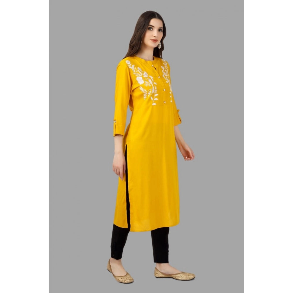 Generic Women's Embroidered Calf Length Rayon Kurti (Yellow)