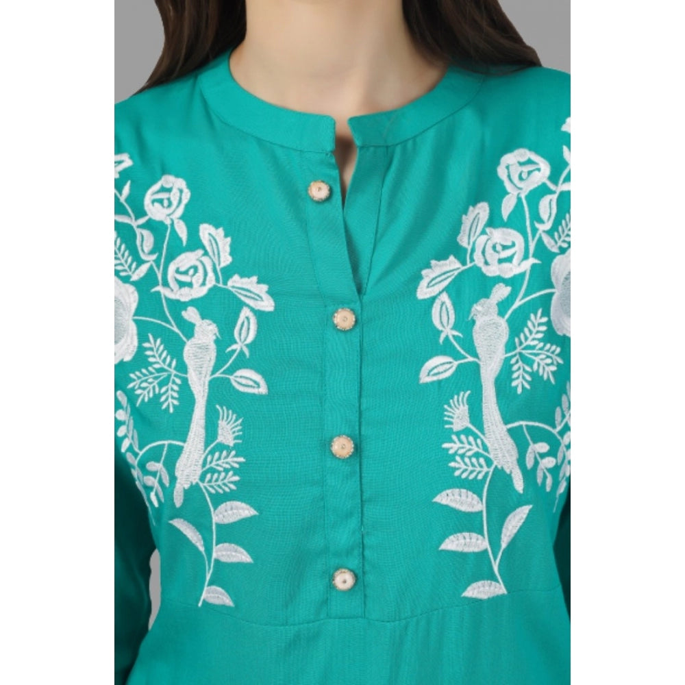 Generic Women's Embroidered Calf Length Rayon Kurti (Turquoise )