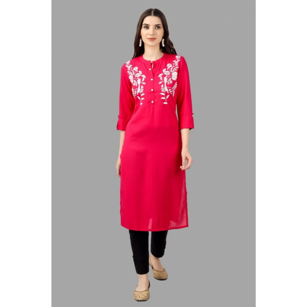 Generic Women's Embroidered Calf Length Rayon Kurti (Pink)