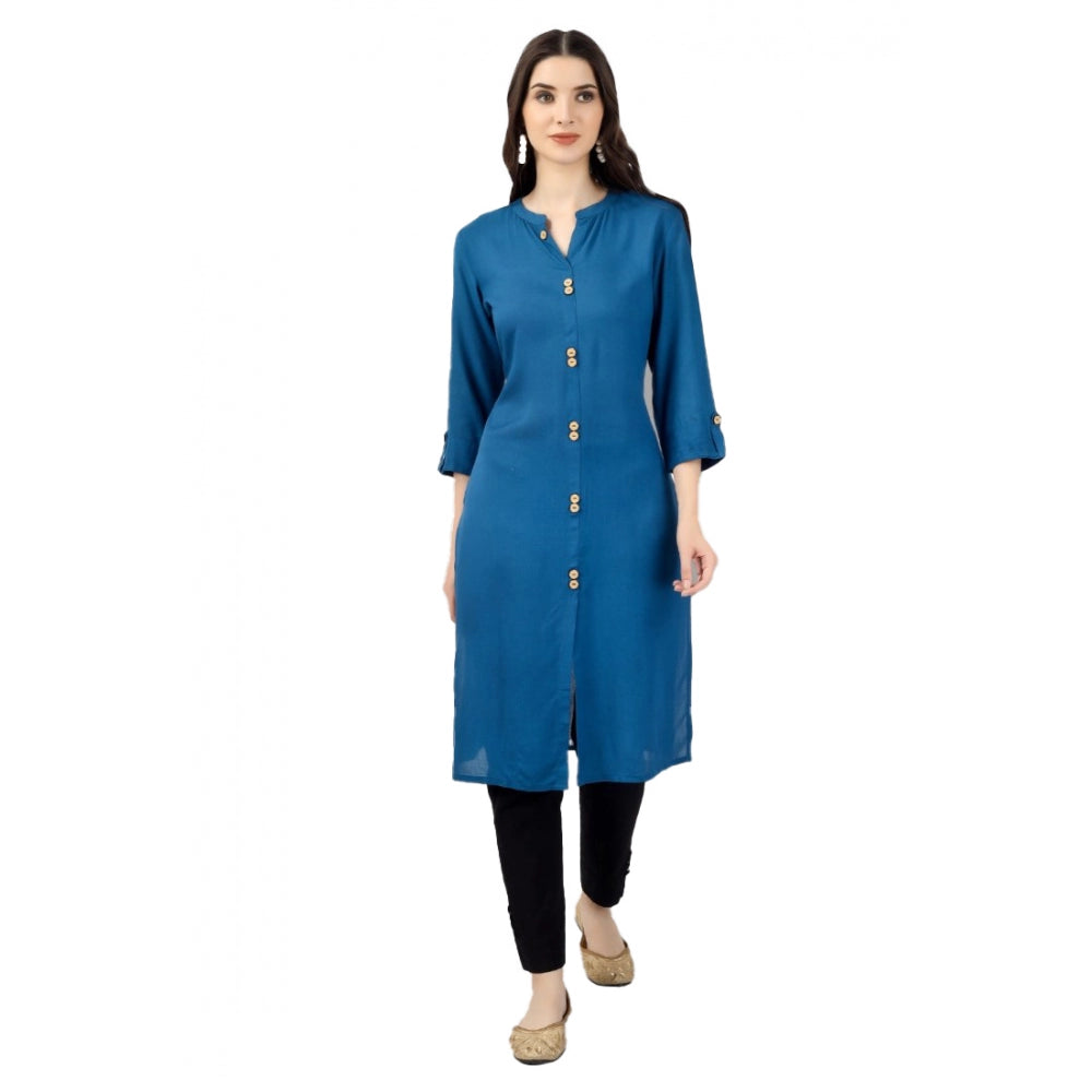 Generic Women's Solid Calf Length Rayon Kurti (Light Blue)