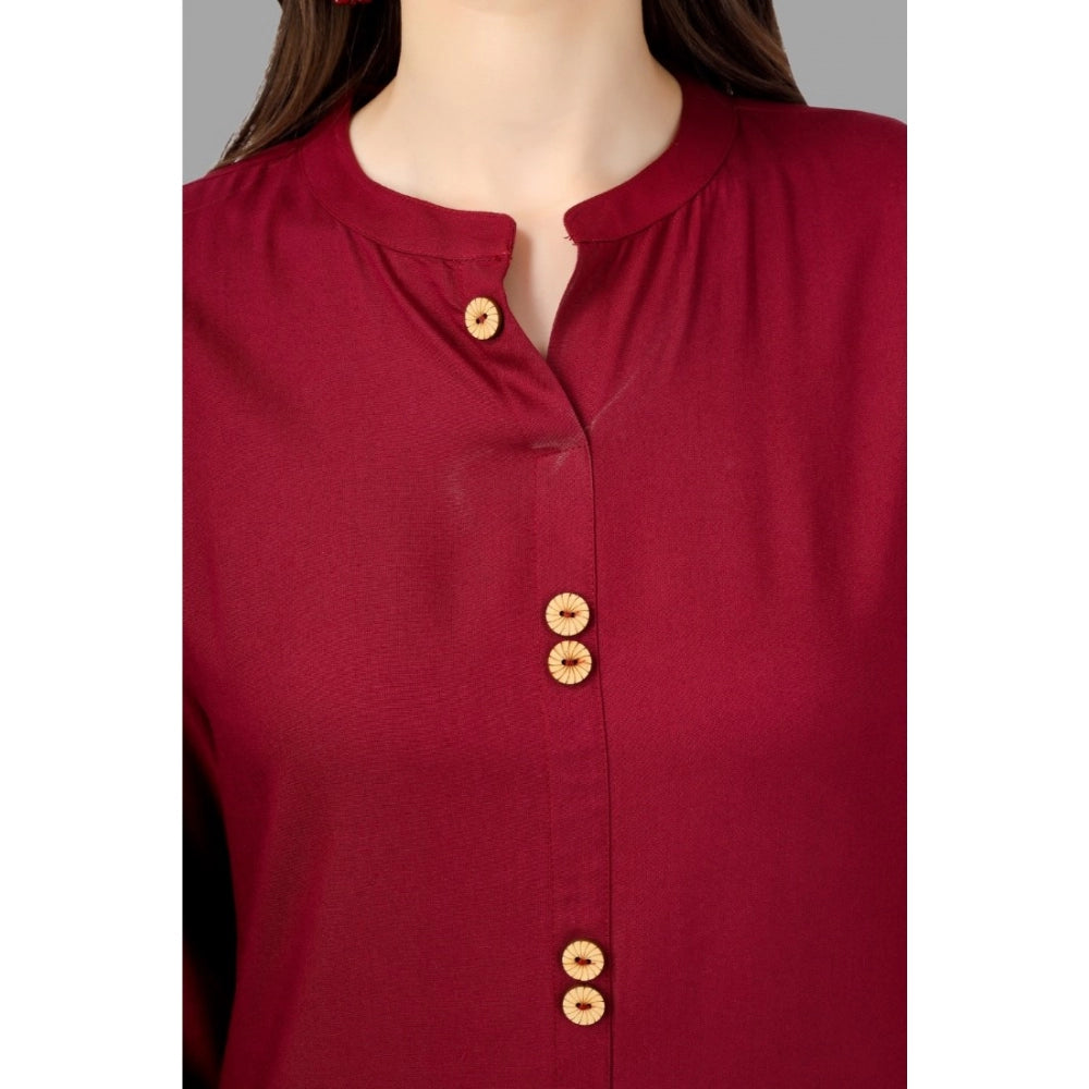 Generic Women's Solid Calf Length Rayon Kurti (Maroon)