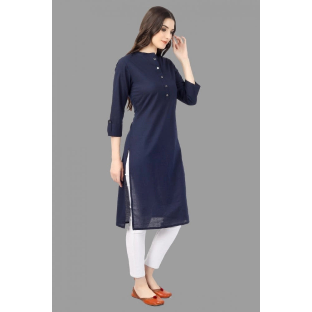 Generic Women's Solid Calf Length Cotton Kurti (Blue)