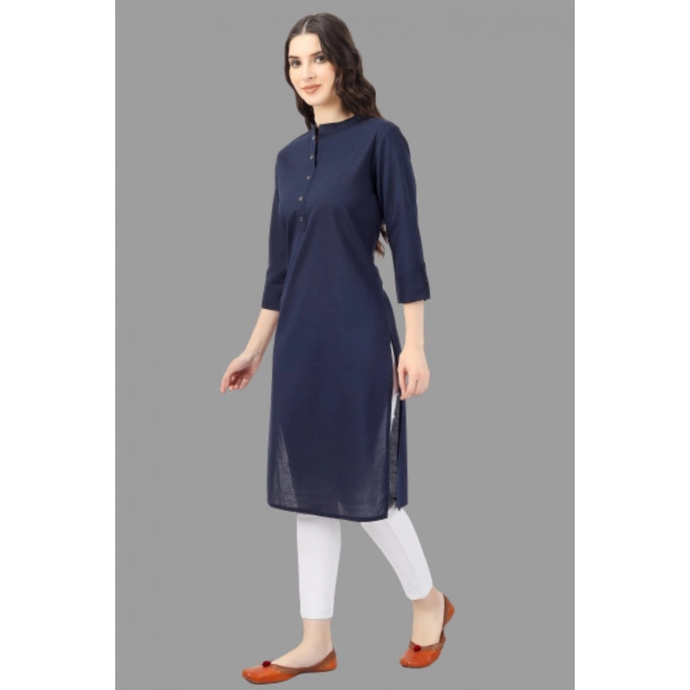 Generic Women's Solid Calf Length Cotton Kurti (Blue)