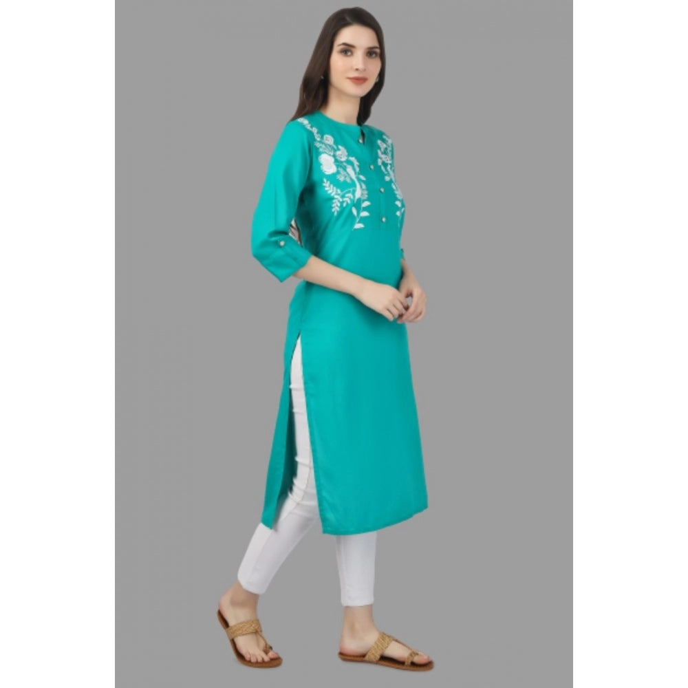 Generic Women's Embroidered Calf Length Rayon Kurti (Turquoise )