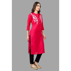 Generic Women's Embroidered Calf Length Rayon Kurti (Pink)