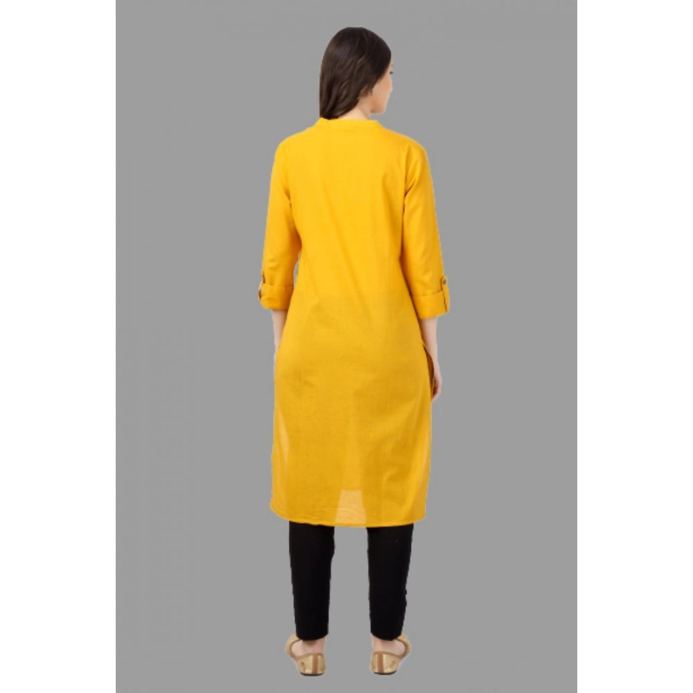 Generic Women's Solid Calf Length Cotton Kurti (Yellow)