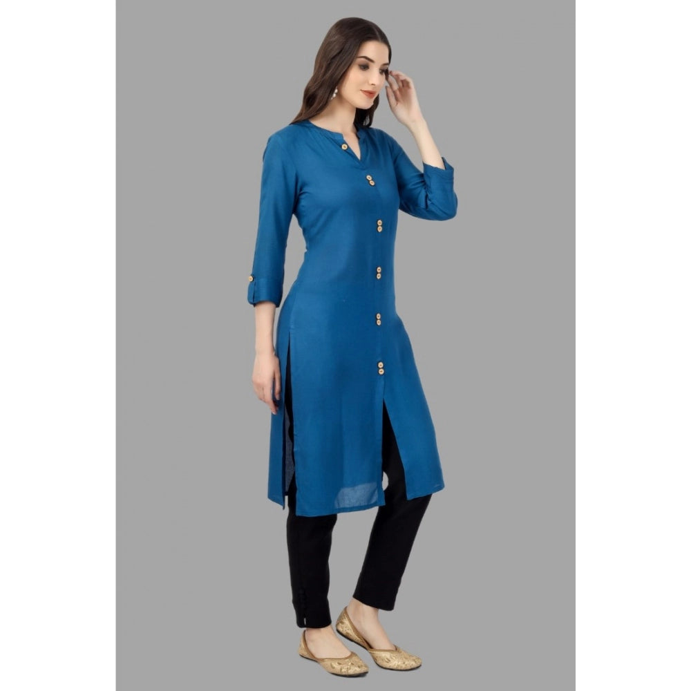 Generic Women's Solid Calf Length Rayon Kurti (Light Blue)