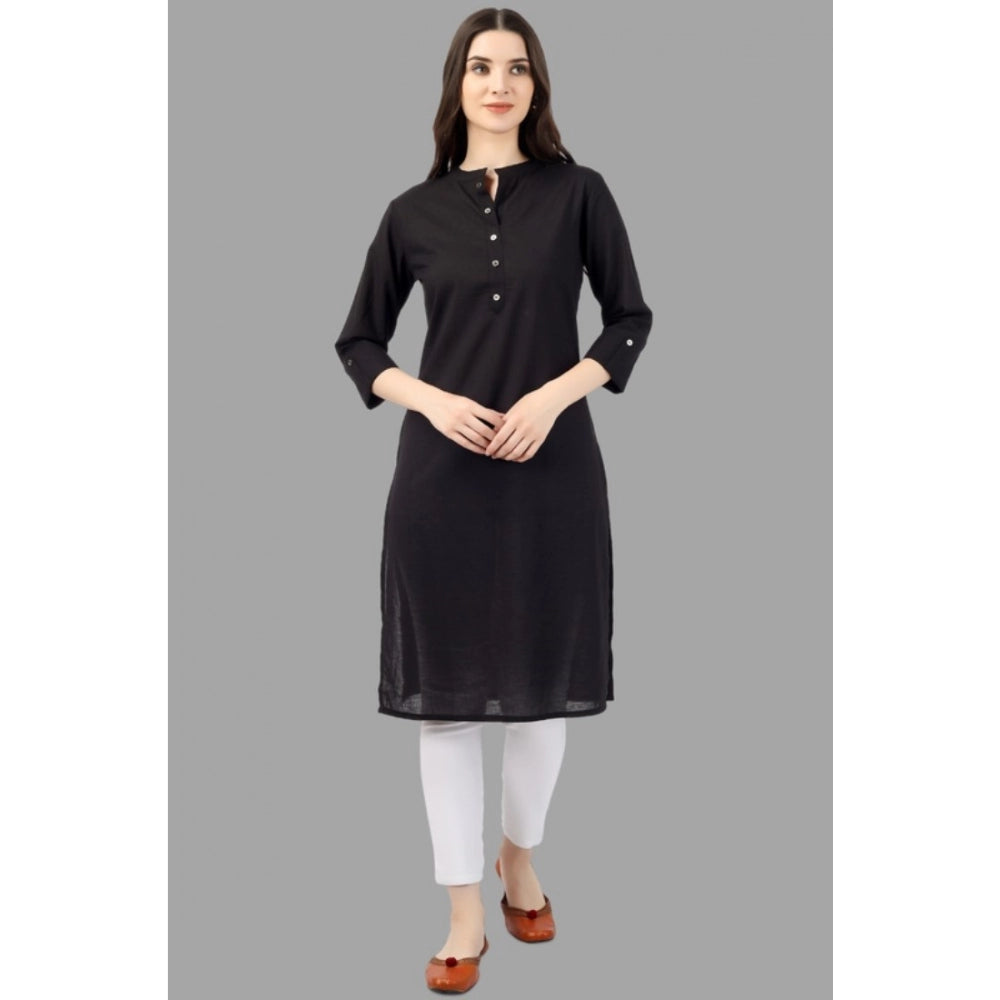 Generic Women's Solid Calf Length Cotton Kurti (Black)