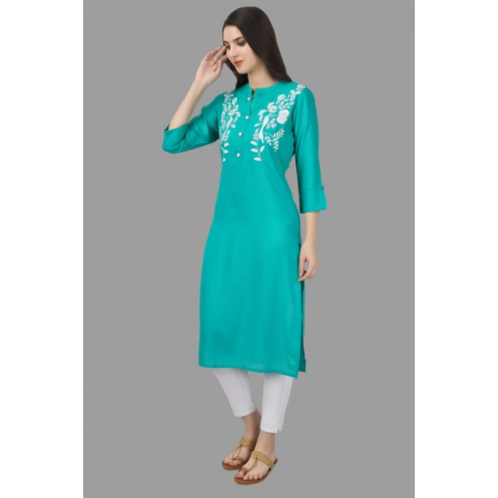 Generic Women's Embroidered Calf Length Rayon Kurti (Turquoise )