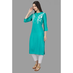 Generic Women's Embroidered Calf Length Rayon Kurti (Turquoise )