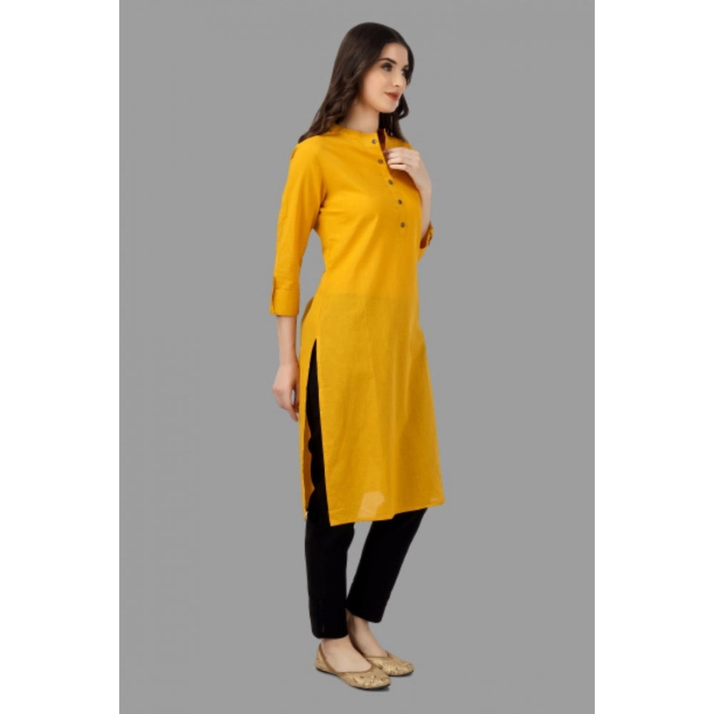 Generic Women's Solid Calf Length Cotton Kurti (Yellow)