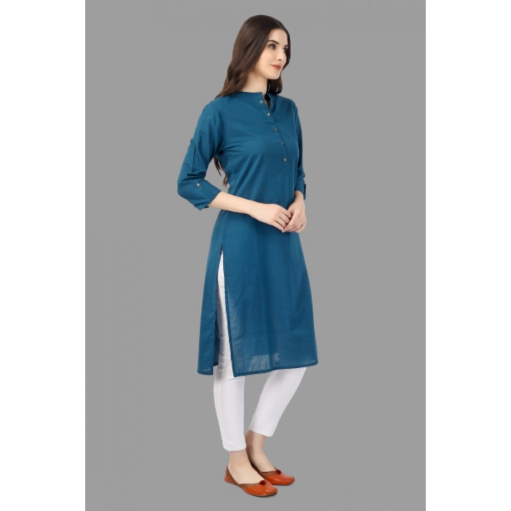 Generic Women's Solid Calf Length Cotton Kurti (Light Blue)