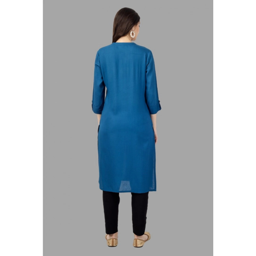 Generic Women's Solid Calf Length Rayon Kurti (Light Blue)