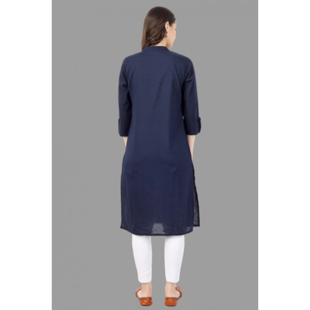 Generic Women's Solid Calf Length Cotton Kurti (Blue)