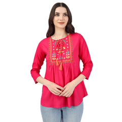 Generic Women's Embroidered Short Length Rayon Tunic Top (Pink)