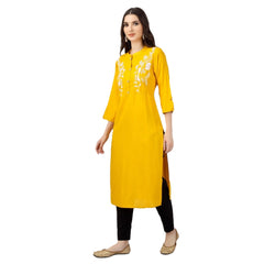 Generic Women's Embroidered Calf Length Rayon Kurti (Yellow)