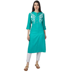 Generic Women's Embroidered Calf Length Rayon Kurti (Turquoise )