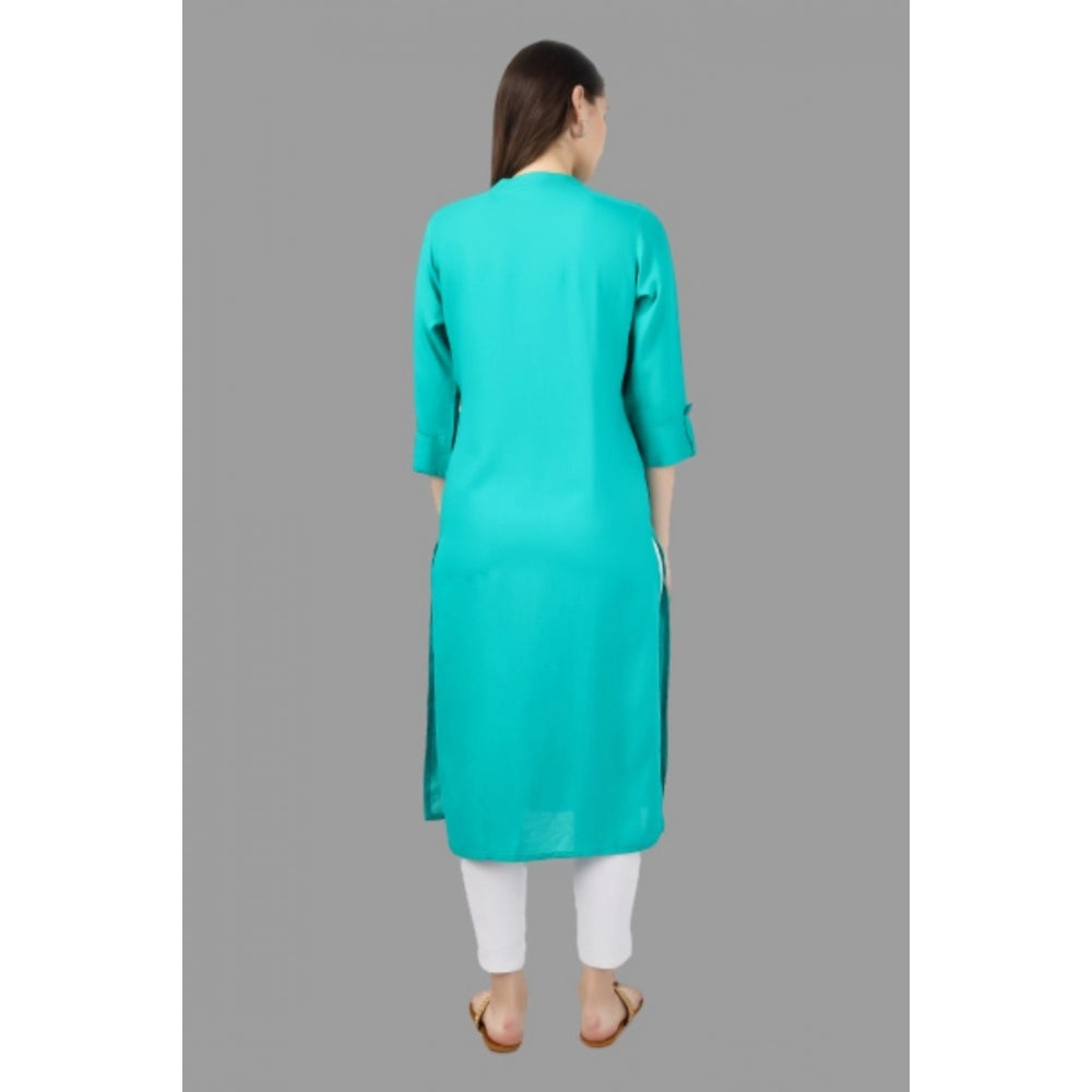 Generic Women's Embroidered Calf Length Rayon Kurti (Turquoise )