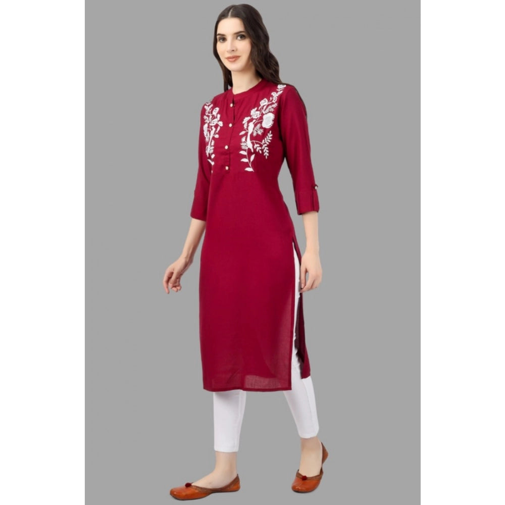 Generic Women's Embroidered Calf Length Rayon Kurti (Maroon)