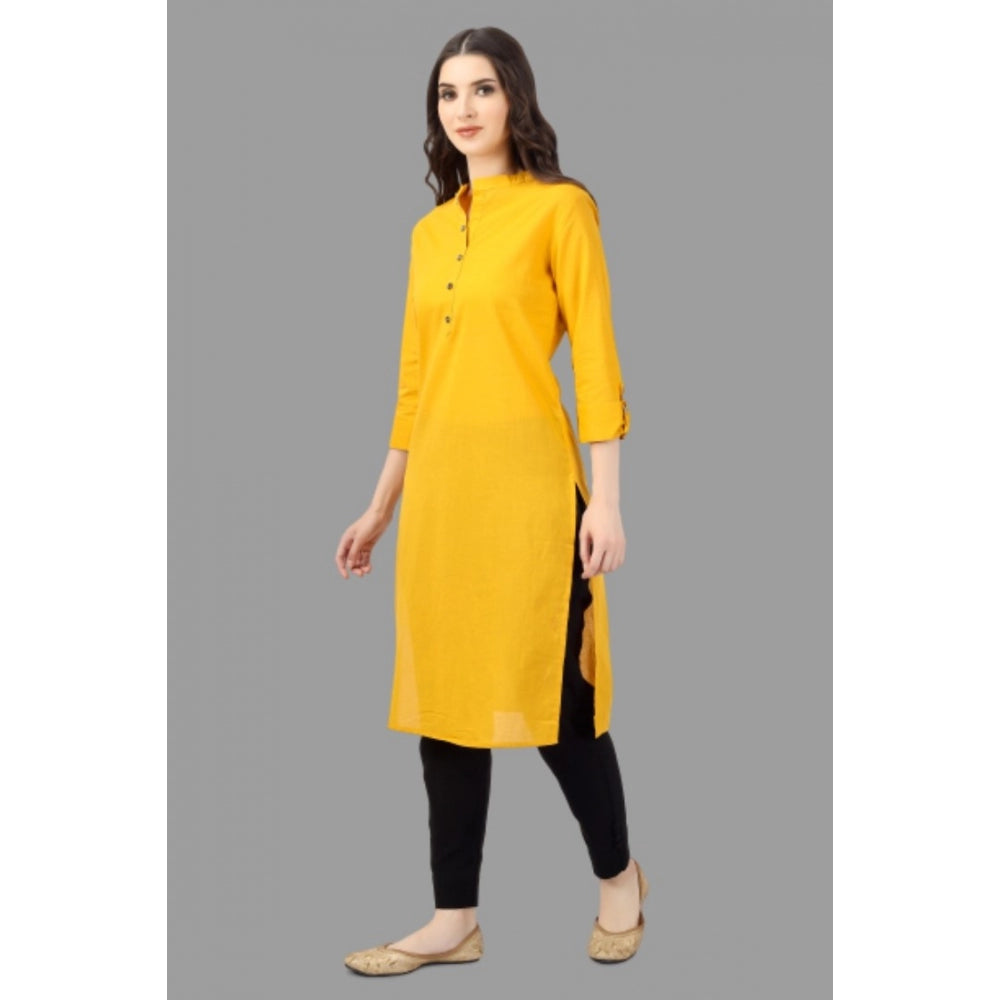 Generic Women's Solid Calf Length Cotton Kurti (Yellow)