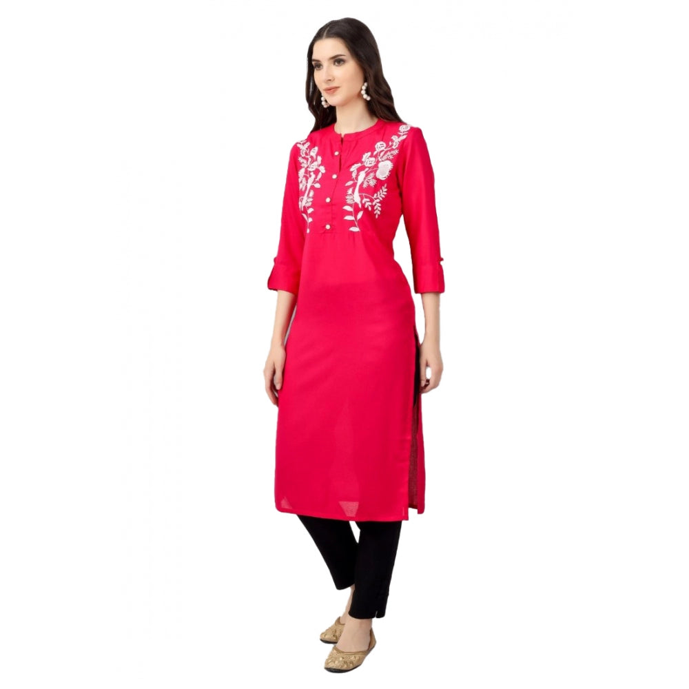 Generic Women's Embroidered Calf Length Rayon Kurti (Pink)