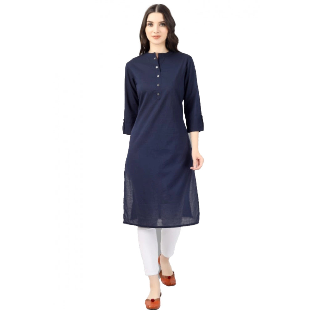 Generic Women's Solid Calf Length Cotton Kurti (Blue)