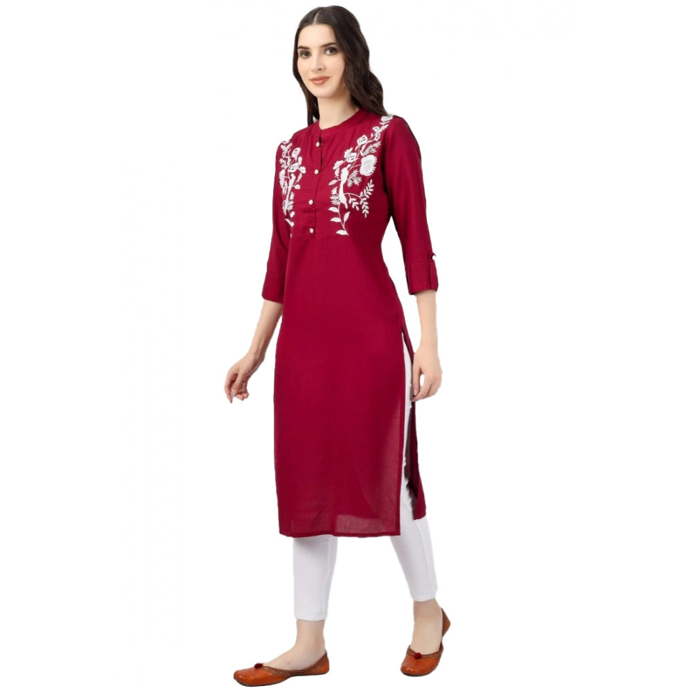 Generic Women's Embroidered Calf Length Rayon Kurti (Maroon)