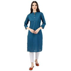 Generic Women's Solid Calf Length Cotton Kurti (Light Blue)