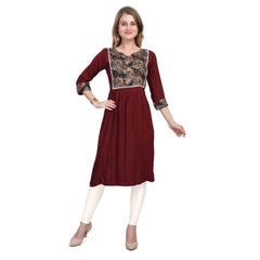 Generic Women's Casual 3/4 Sleeve Viscose Rayon Printed Kurti (Brown)