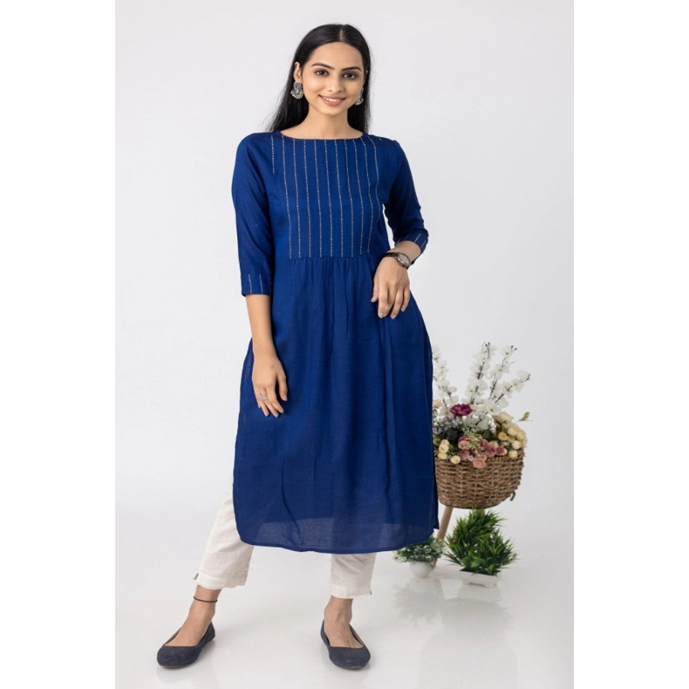 Generic Women's Casual 3/4 Sleeve Tussar Silk Printed Kurti (Blue)