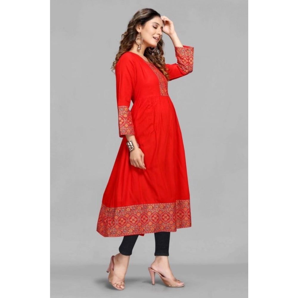 Generic Women's Casual 3/4 Sleeve Viscose Rayon Foil Printed Kurti (Red)