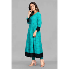 Generic Women's Casual 3/4 Sleeve Viscose Rayon Printed Kurti (Dark Green)