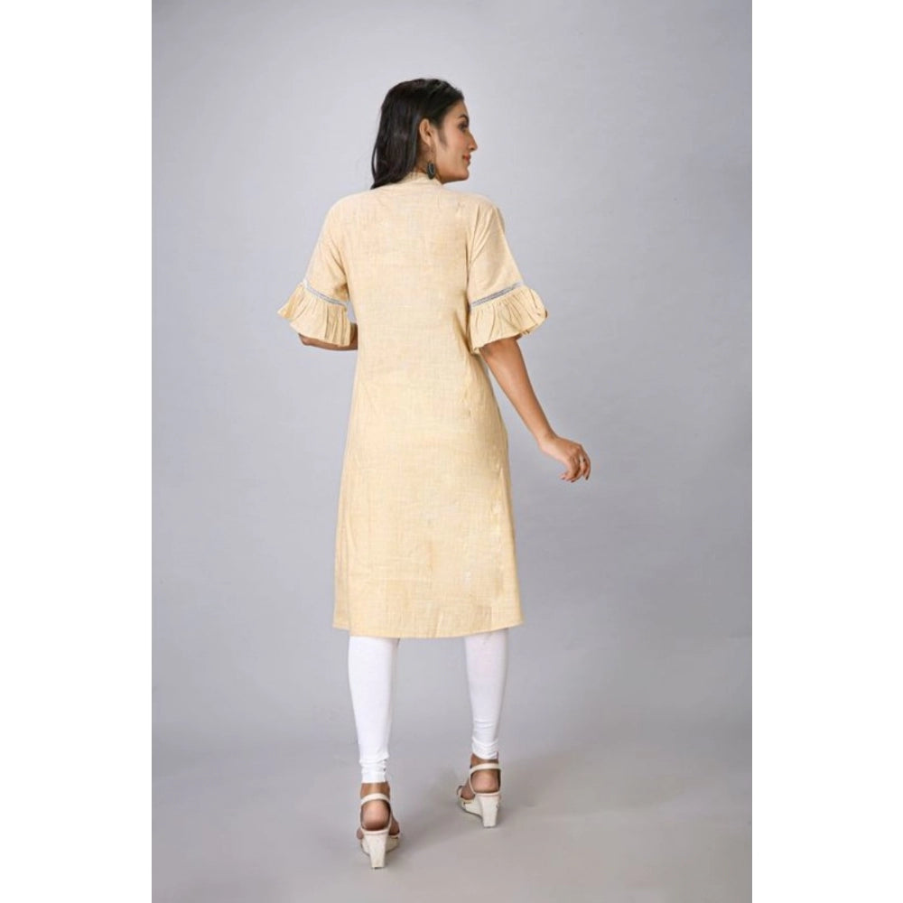 Generisches, kurzärmliges, bedrucktes Kurti aus Seidenmischung für Damen (Beige)