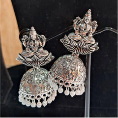 Generic Women's Silver Color Goddess Laxmi Temple Oxidised Earrings