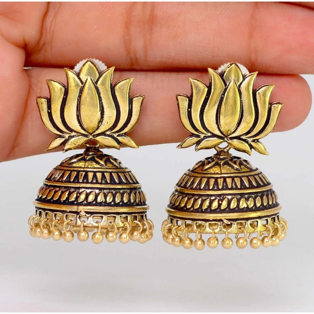 Generic Women's Handmade Gold Plated Lotus Shape Oxidised Jhumki