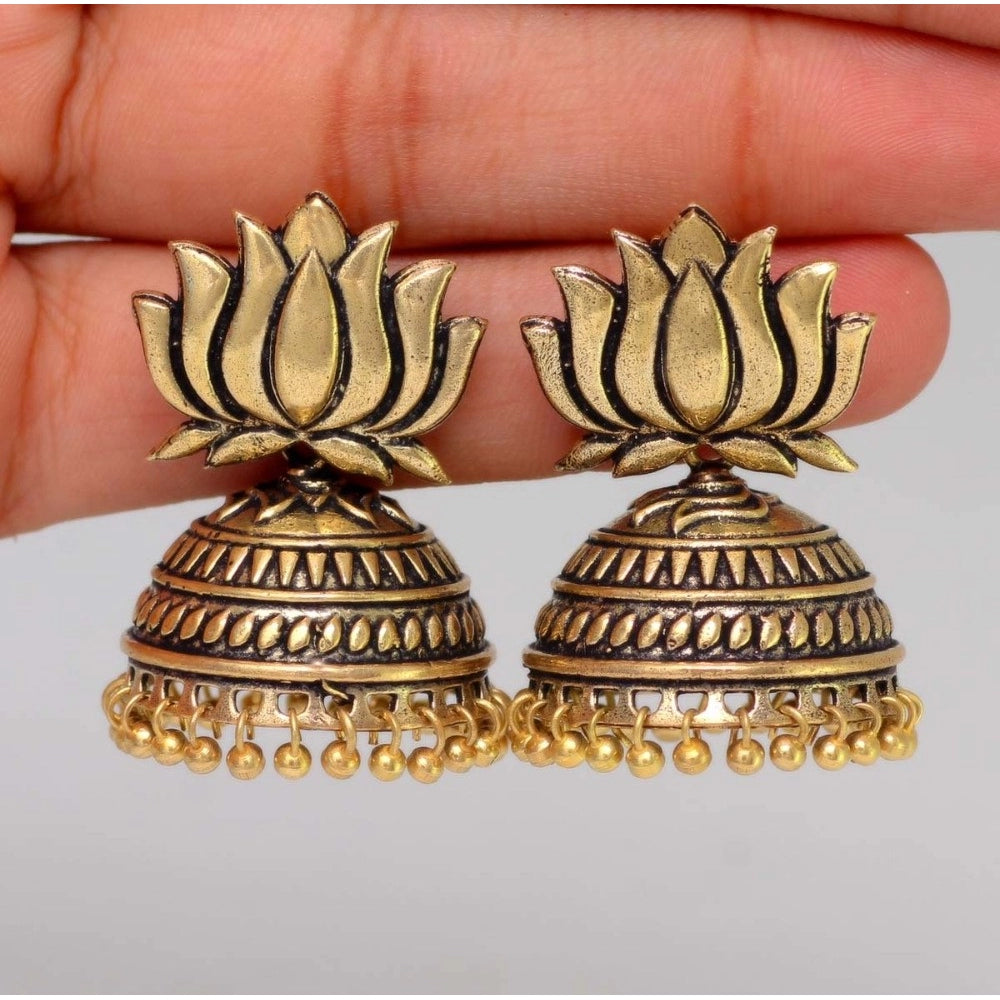 Generic Women's Handmade Gold Plated Lotus Shape Oxidised Jhumki