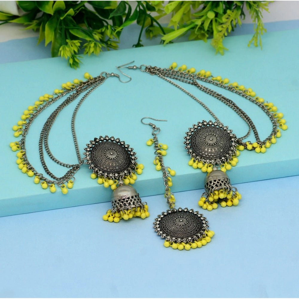 Generic Women's Yellow Color Oxidised Earrings Tikka Set