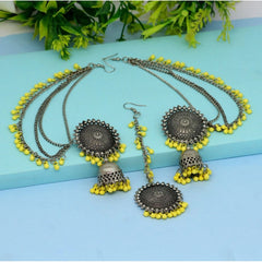 Generic Women's Yellow Color Oxidised Earrings Tikka Set