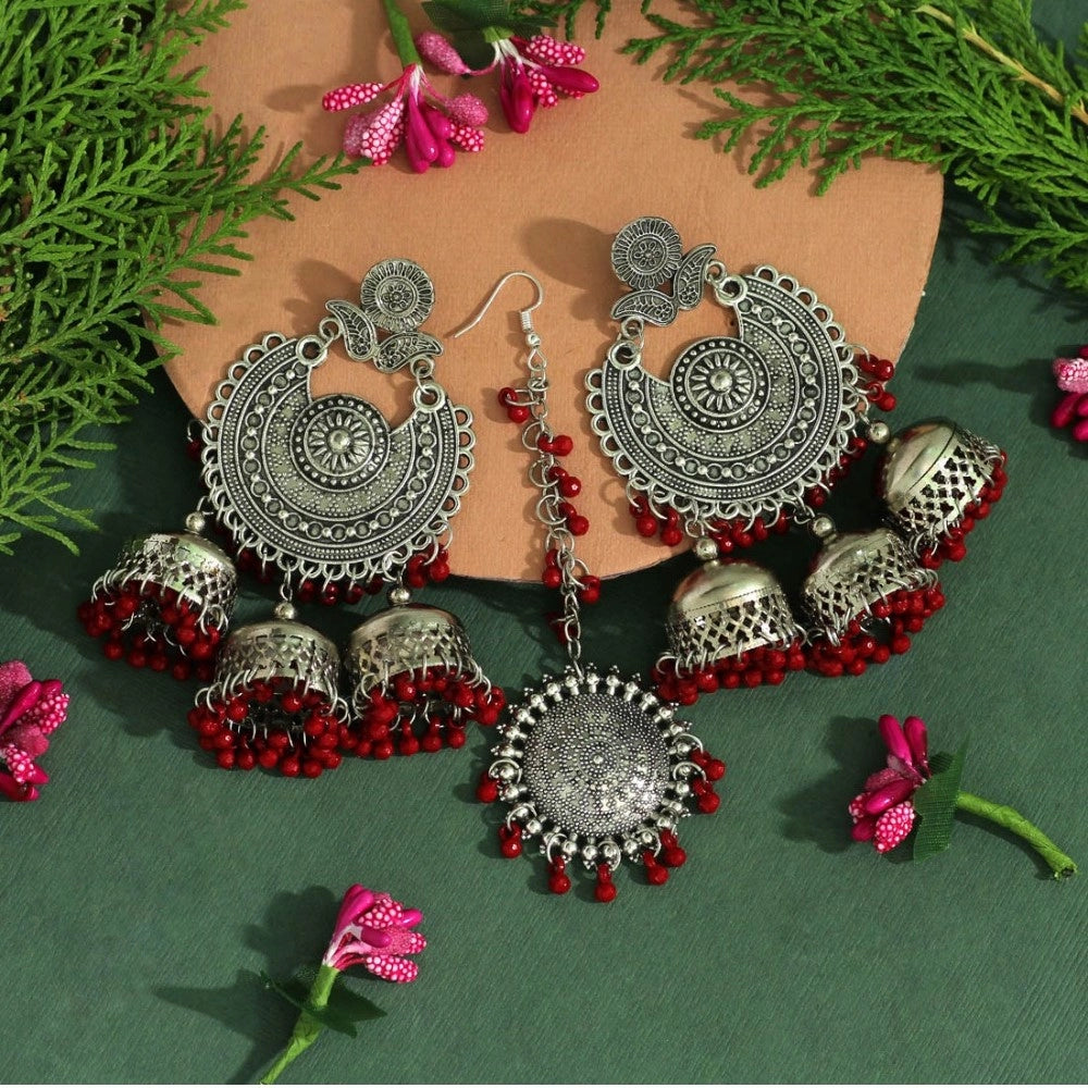 Generic Women's Maroon Color Oxidised Earrings Tikka Set