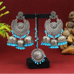 Generic Women's Firozi Color Oxidised Earrings Tikka Set