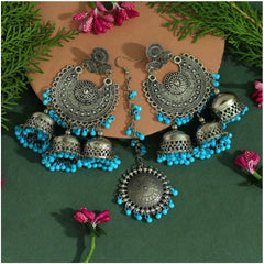 Generic Women's Firozi Color Oxidised Earrings Tikka Set