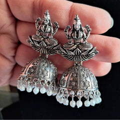 Generic Women's Silver Color Goddess Laxmi Temple Oxidised Earrings