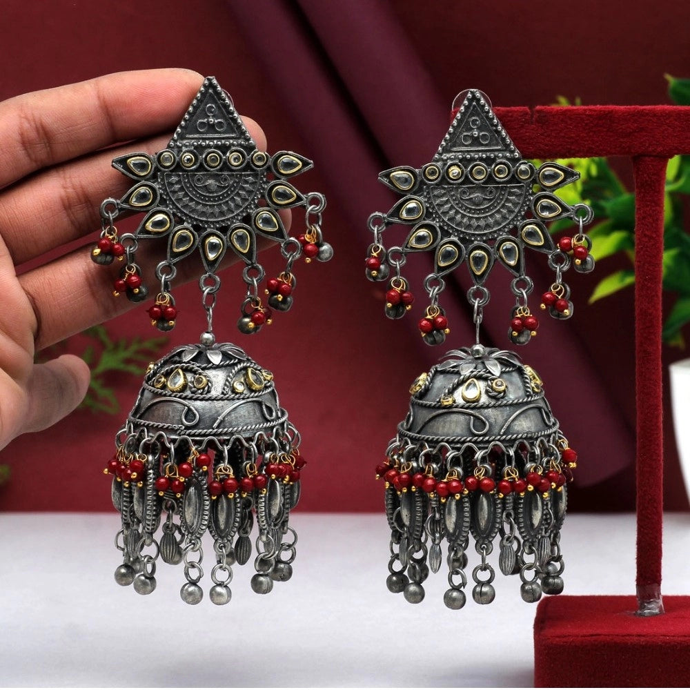 Generic Women's Maroon Color Oxidised Big Jhumka Earrings