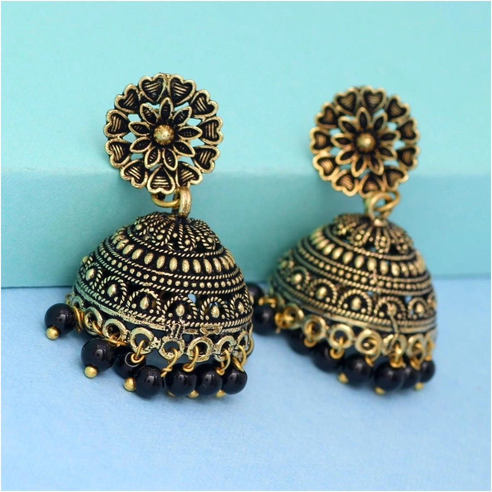 Generic Women's Rajasthani Traditional Wedding Collection Floral Design Gold Oxidised Black Color Jhumki Earrings