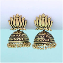 Generic Women's Handmade Gold Plated Lotus Shape Oxidised Jhumki