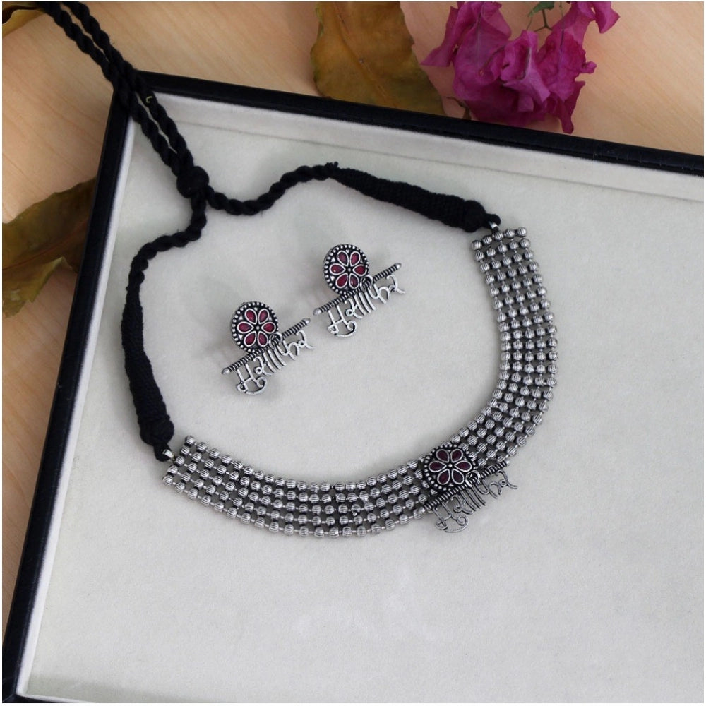 Generic Women's Maroon Color Oxidised Temple Necklace Set