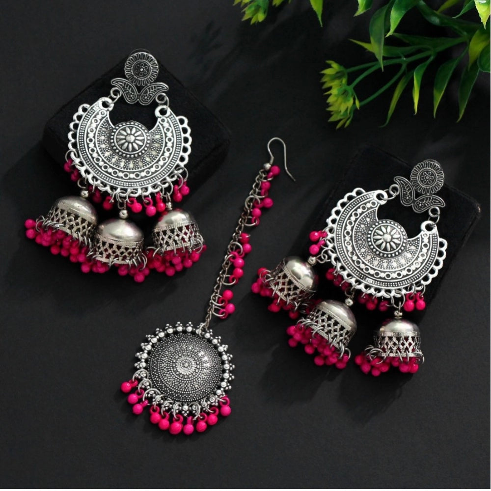 Generic Women's Rani Color Oxidised Earrings Tikka Set