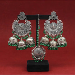 Generic Women's Green Color Oxidised Earrings Tikka Set