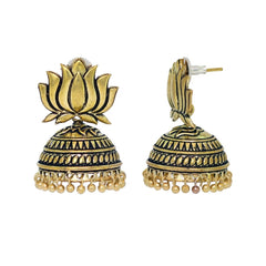 Generic Women's Handmade Gold Plated Lotus Shape Oxidised Jhumki