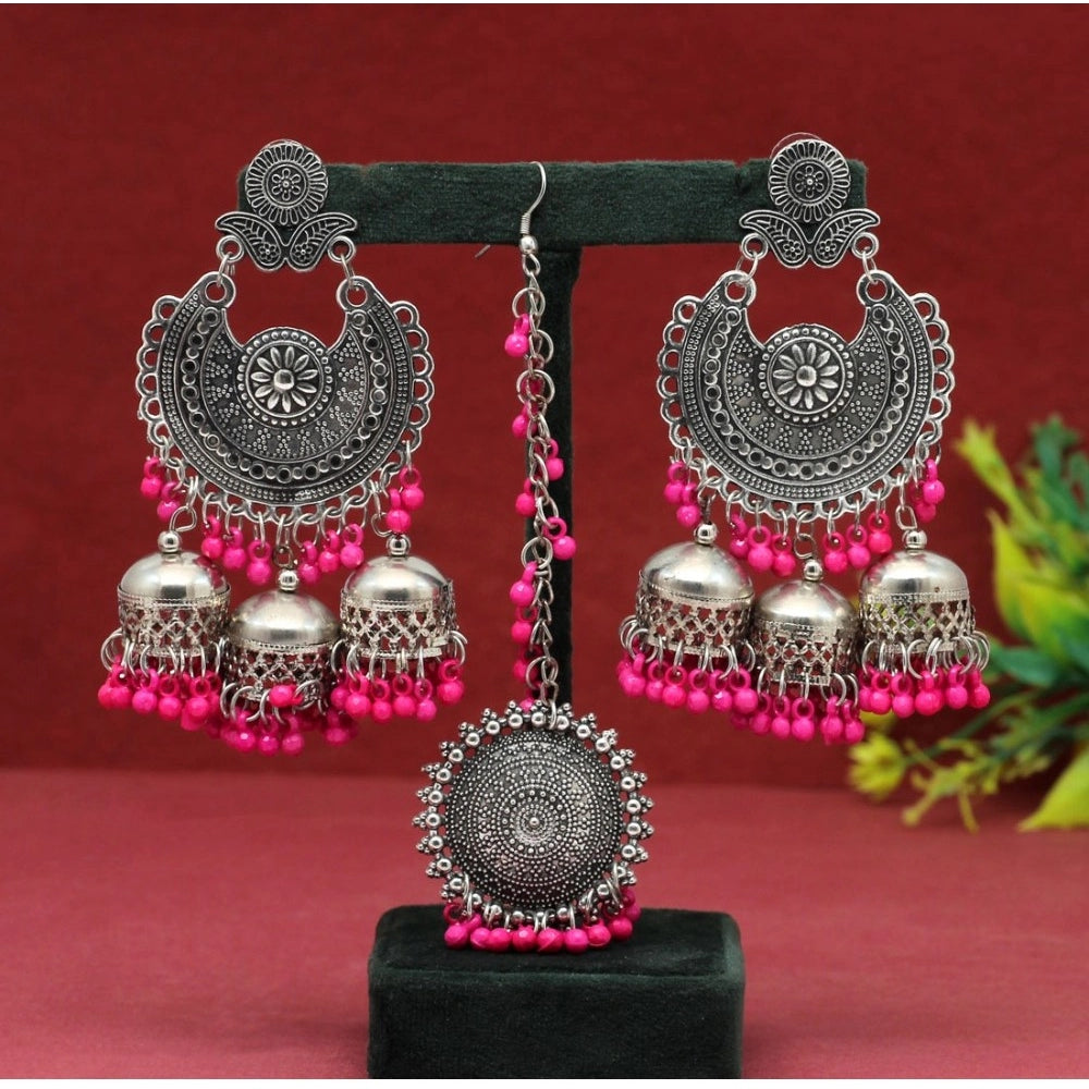 Generic Women's Rani Color Oxidised Earrings Tikka Set